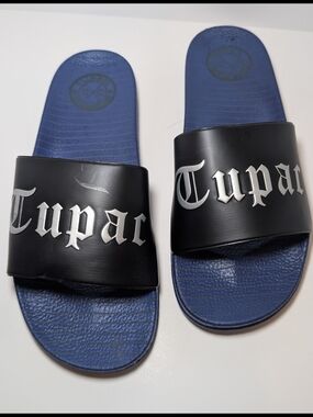 NEW 2PAC Tupac Shakur Slides Sandals Men's Size 12 Blue/Black Cross Colours NIB